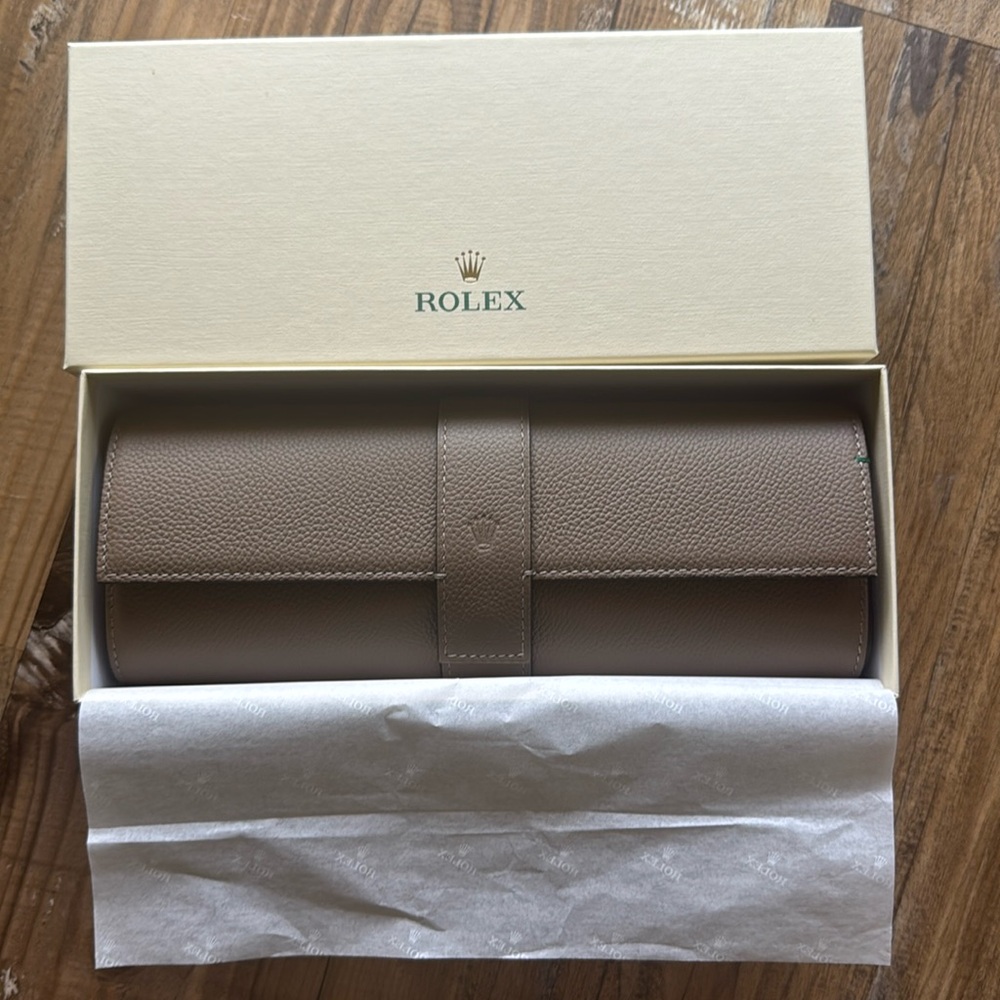 Authentic Official Rolex 3 Watch Saddle Brown Leather Travel Case Pouch Roll